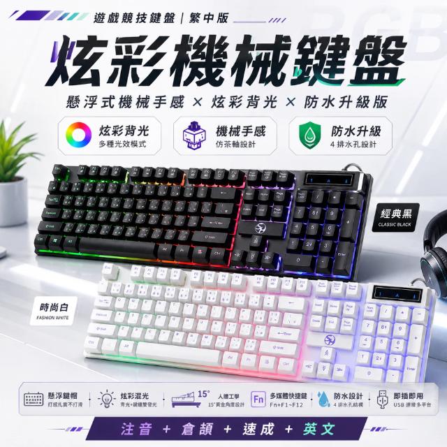 電競鍵盤 台灣現貨 注⾳版 LED發光 機械⼿感 有線鍵盤 茶軸 鍵盤滑⿏ 中文鍵盤 發光鍵盤 有線滑鼠